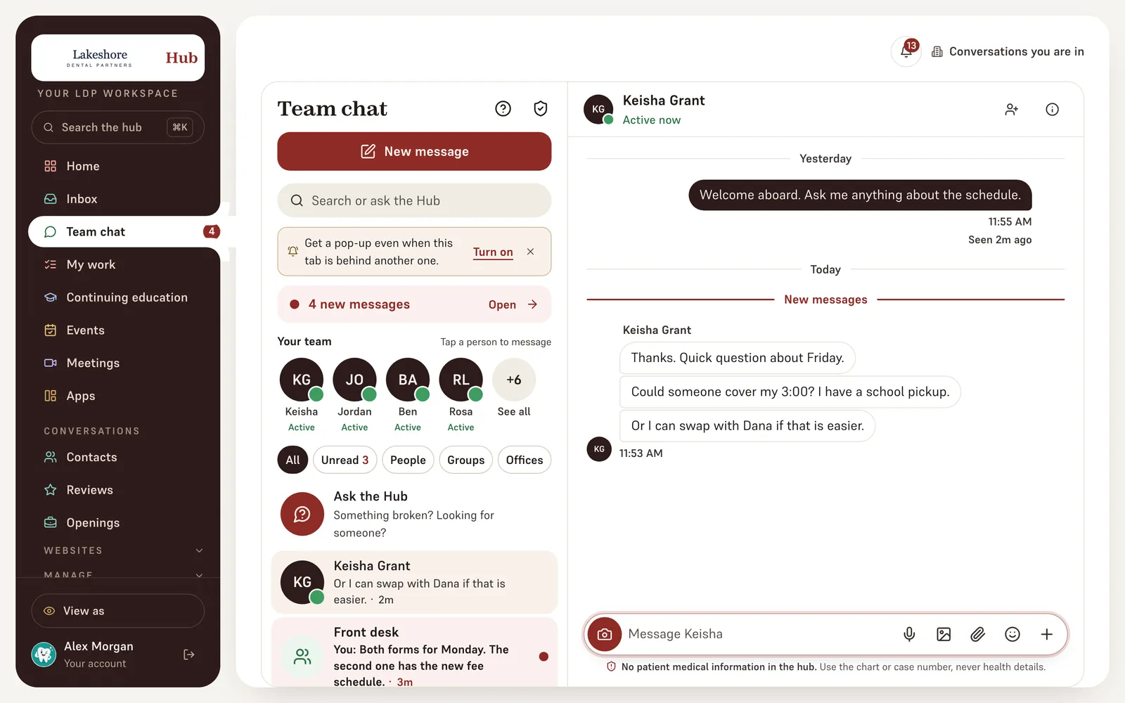 The Hub team chat for a multi-office organization, shown with sample data